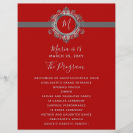 Programas de cumpleaños de monograma rojo y gris