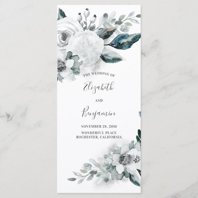 Programas de matrimonio de acuarela blanca floral (Anverso)