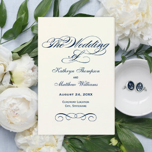 Programas de matrimonio de caligrafía azul de la m