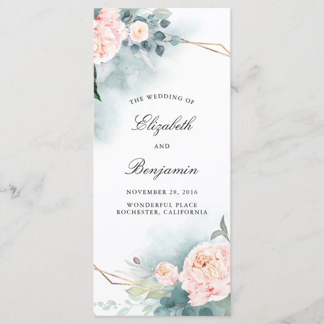Programas de matrimonio de flores verdes y rosas (Anverso)