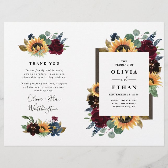 Programas de matrimonio doblado de girasol borgoña (Anverso)