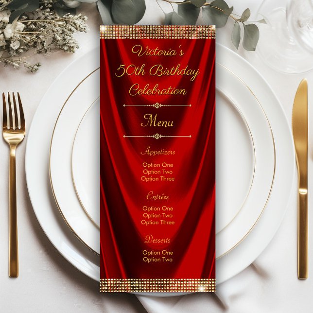 Programas de Menú de Fiesta de Cumpleaños en Rojo  (Elegant red gold any occasion menu or program. Simply add your details.)