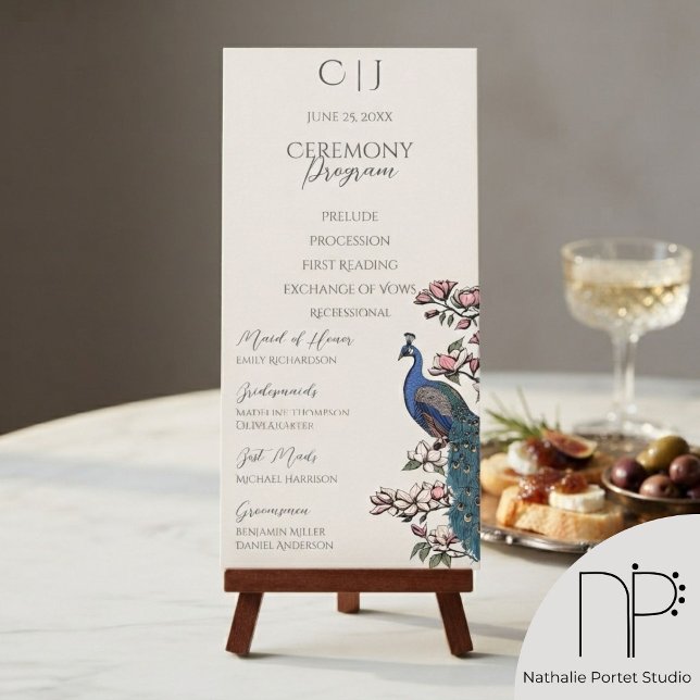 Programas de Orden de Servicio de Floral Elegante  (Chic hand-drawn blue peacock wedding program featuring bird with teal feathers and magnolia flowers)