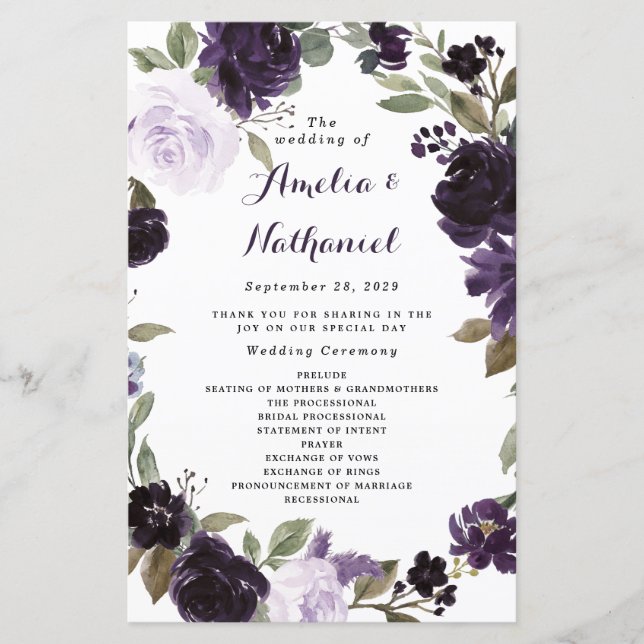 Programas Elegantes de Boda Verde de Oro Púrpura (Anverso)