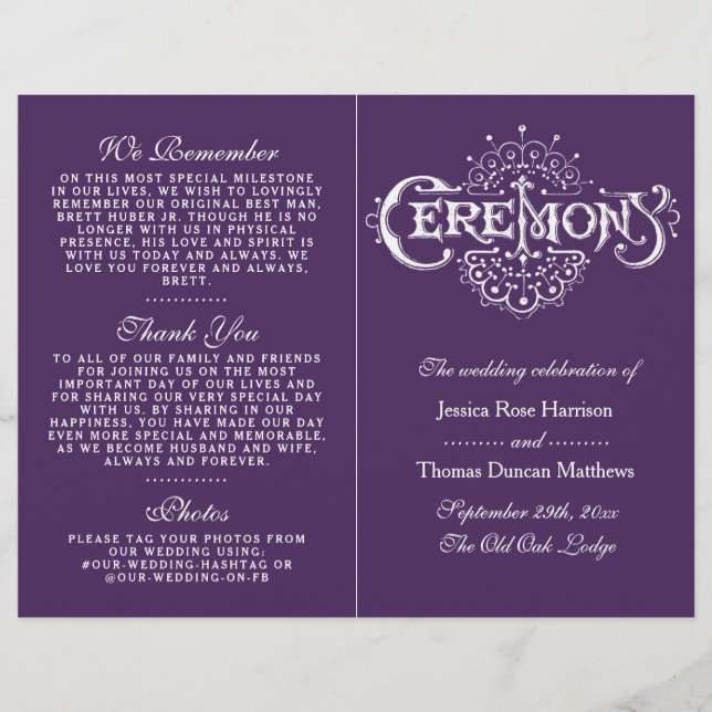 Programas Elegantes De Ceremonia Boda Púrpura Y Bl (Anverso)