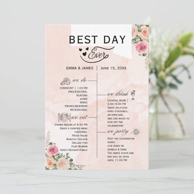 Programas románticos de boda floral con crema rosa (Anverso de pie)