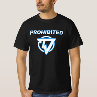 "Prohibido" blanco y azul en camiseta negra