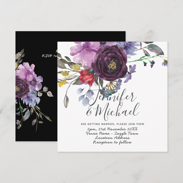 Promesa Púrpura Invitaciones a la boda floral mode (Anverso / Reverso)