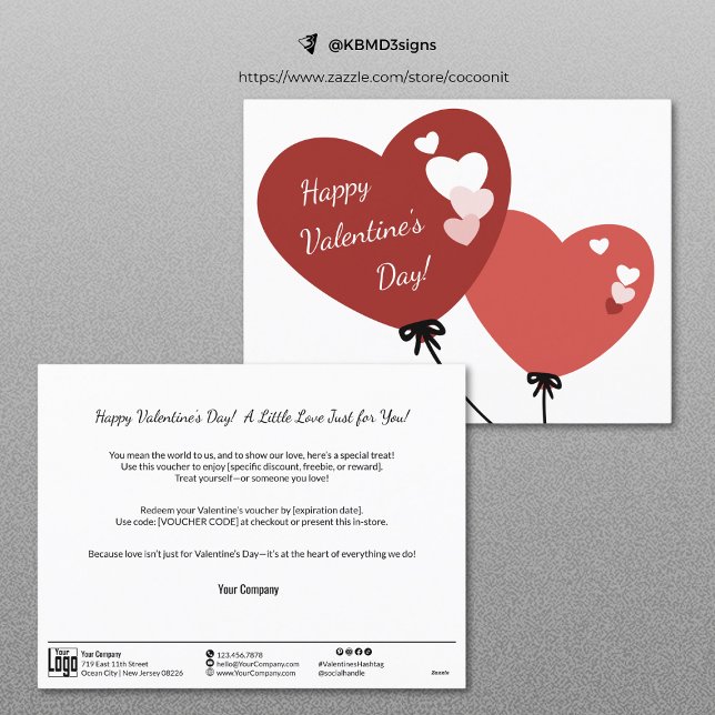 Promoción de negocios Feliz tarjeta de cupón de Sa (Business Promo Happy Valentine's Day Voucher Card, Two Heart-Shaped Balloons)