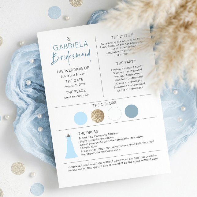 Propuesta e información de la dama de honor azul t (Dusty Blue Bridesmaid Proposal and Information Card with Wedding Colors Date and Duties)
