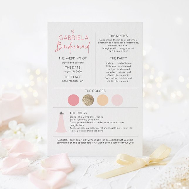 Propuesta e Información para Damas de Honor Rosada (Pink and Gold Bridesmaid Proposal Information Card)