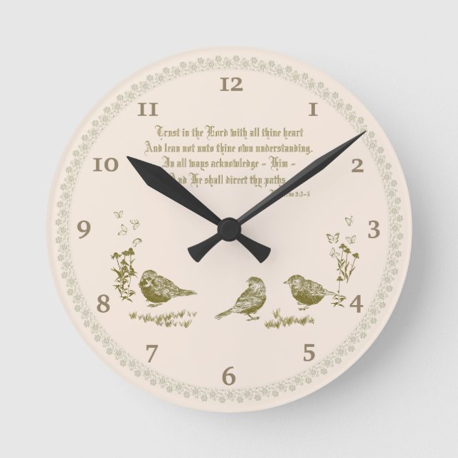 Proverbios 3:5-6 Reloj de pared con pájaros, flore (Anverso)