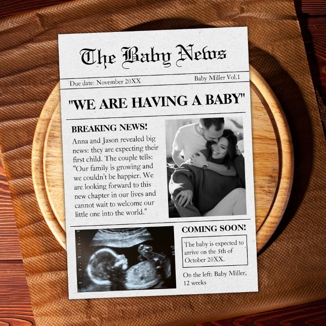 Próximamente Invitación de embarazo de periódico (newspaper style pregnancy announcement coming soon ultrasound photo sonogram unique )