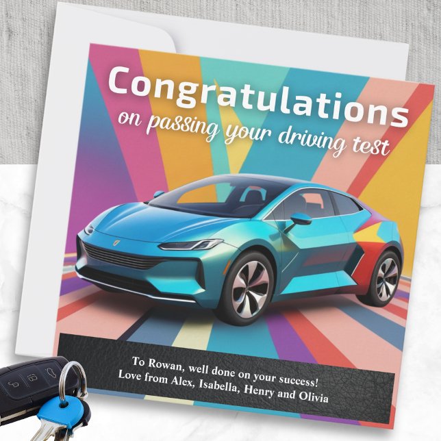 Prueba de Conducir Colorida Felicitación Moderna (A colourful congratulations card for someone who has passed their driving test)