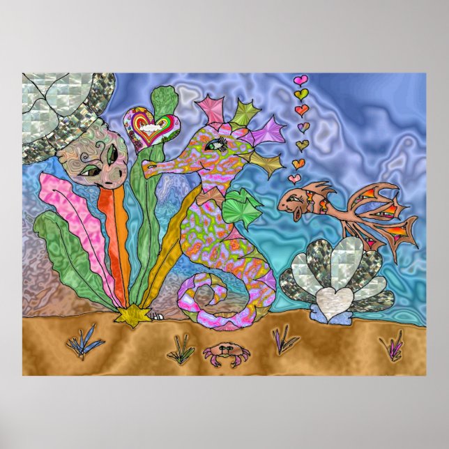 Psicodelia Seahorse Sea Turtle Poster de Arte (Frente)