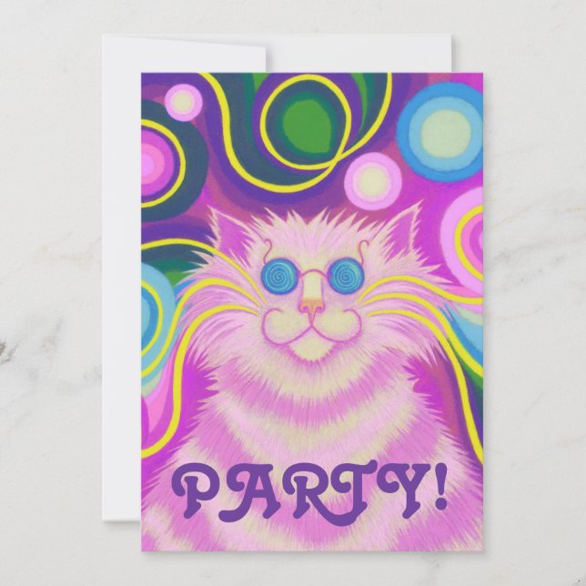 Psy-cat-delic Invitación de partido rosa vertical (Anverso)