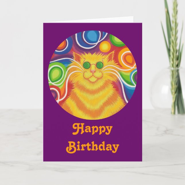Psy-cat-delic redondo "Happy Birthday" tarjeta púr (Anverso)