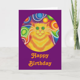 Psy-cat-delic redondo "Happy Birthday" tarjeta púr
