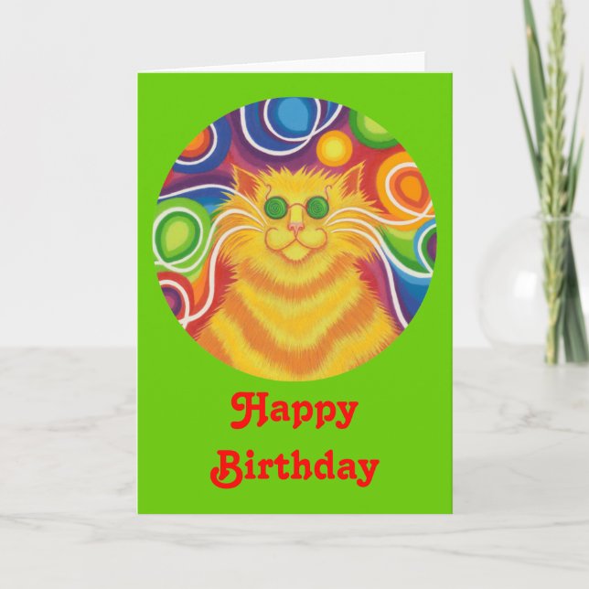 Psy-cat-delic redondo "Happy Birthday" tarjeta ver (Anverso)