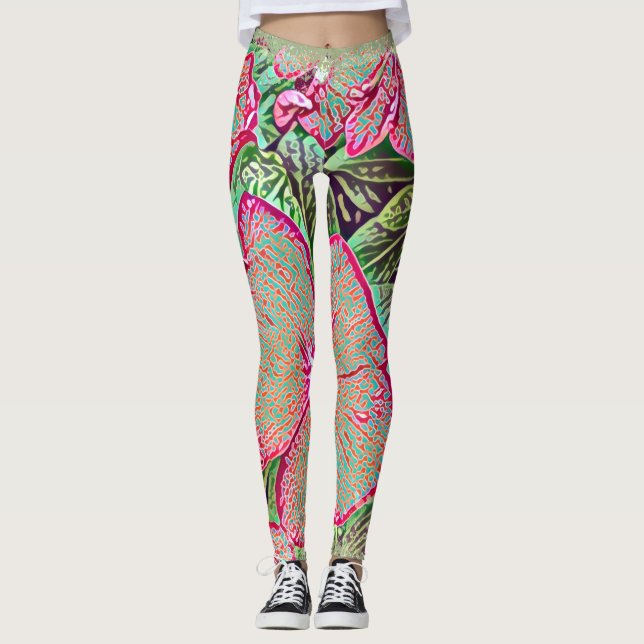 Psychedelic Caladium Leaf Botanical Print Leggings (Anverso)