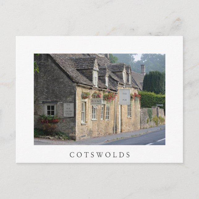 Pub de pueblo en la postal blanca Cotswolds (Anverso)