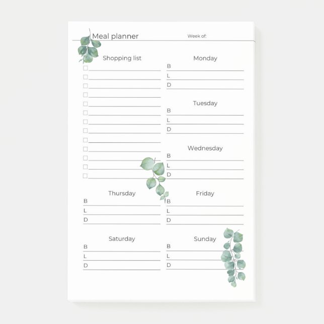 Publicar notas 4"x6" Plan semanal de comidas/hojas (Anverso)