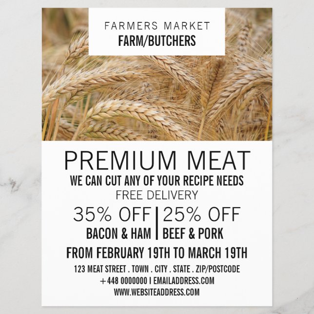 Publicidad de trigo en campo, granjero y carnicero (Frente)