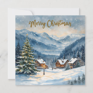 Pueblo de montaña de acuarela Feliz Navidad