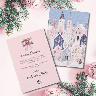 Pueblo de Navidad con guión rosa en acuarela sin f