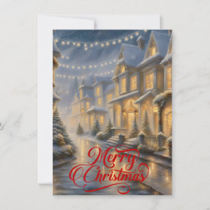 Pueblo de Navidad con tarjeta de vacaciones con lu