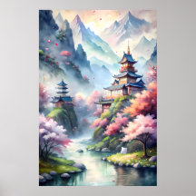 Pueblo Japonés Acuarela | Impresión Paisaje Zen