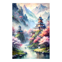 Pueblo Japonés Acuarela | Impresión Paisaje Zen