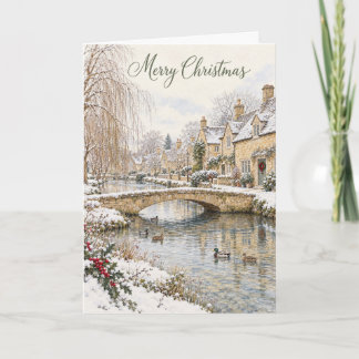 Puente de piedra de Cotswolds Navidad Acuarela