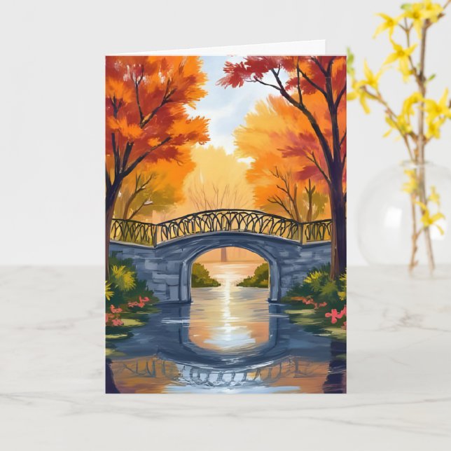Puente del parque de otoño | Tarjeta de acuarela d (flor amarilla)
