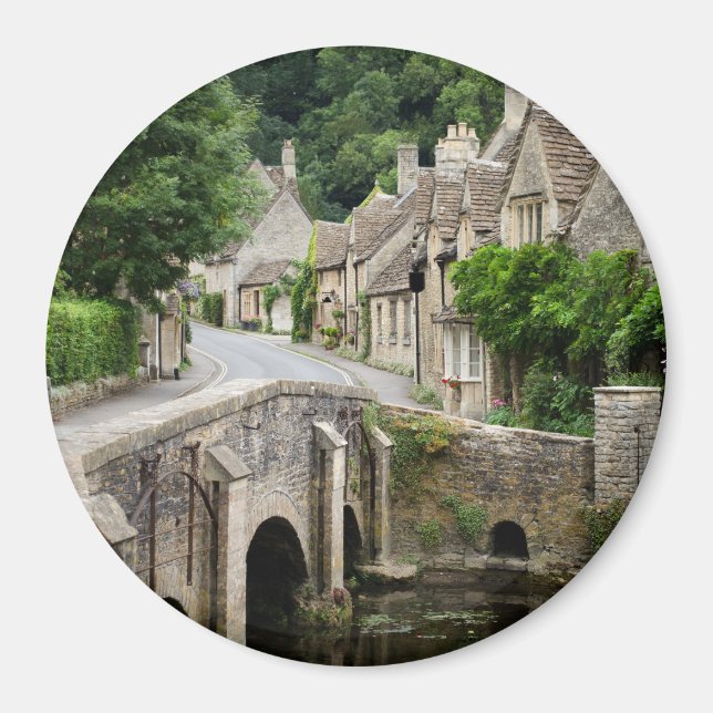 Puente en Castle Combe, imán redondo del Reino Uni (Frente)