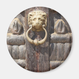 Puerta antigua con el imán del golpeador del leó