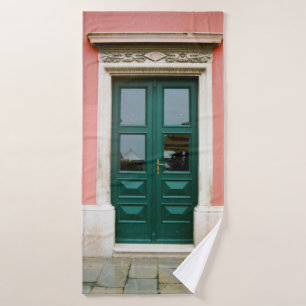 PUERTA DE MADERA verde azulada CON BORDE DE VENTAN