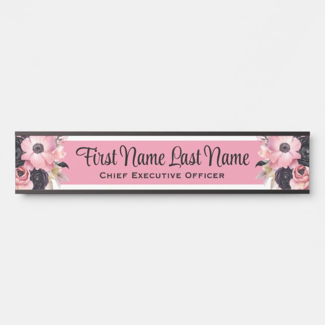 Puerta Letrero de nombre de flores rosadas y negras para  (Anverso)