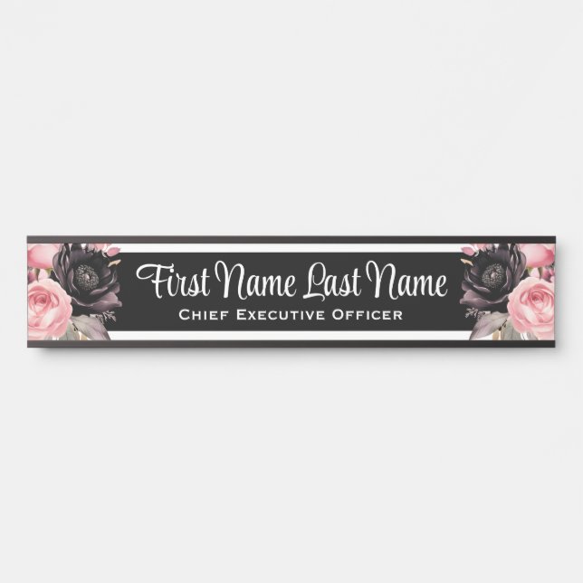 Puerta Letrero de nombre de flores rosadas y negras para  (Anverso)