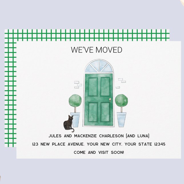 Puerta Verde Gato Nos hemos mudado Anuncio de nuev (Green door cat watercolor custom text new home we I have moved change of address moving announcement)