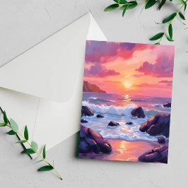 Puesta de sol de coral rosa | Tarjeta de acuarela 
