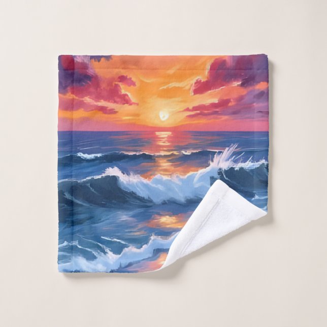 Puesta de sol en el océano olas de playa acuarela (Toallita)