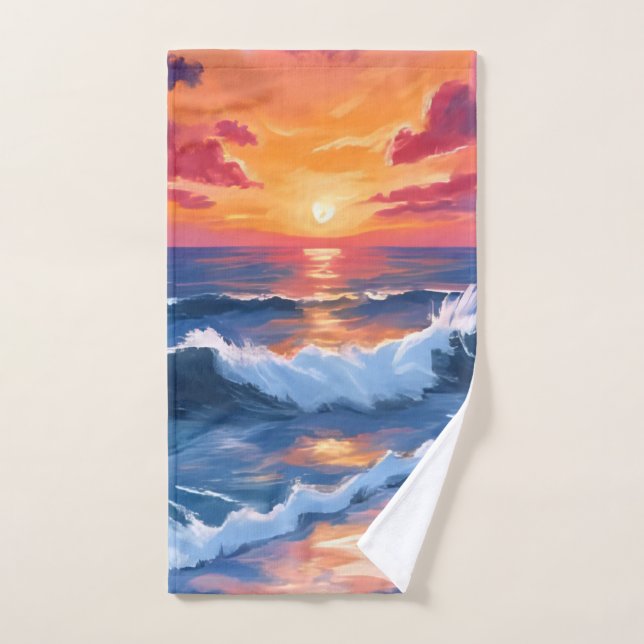 Puesta de sol en el océano olas de playa acuarela (Toalla de mano)