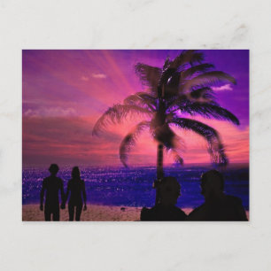 Puesta de sol romántica en la playa, postal