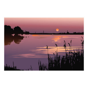 Puesta del sol en la impresión de la foto del lag