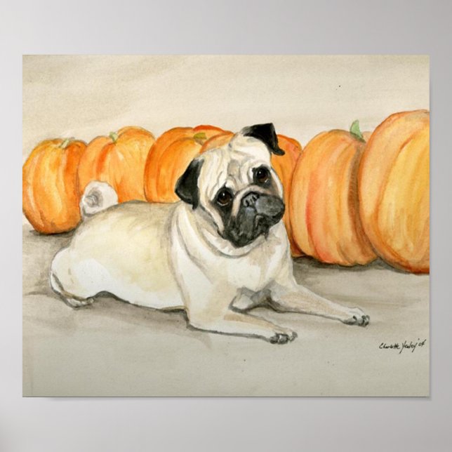 "Pug con calabazas" Dibujo de arte de perro (Frente)