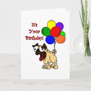 Pug con tarjeta de cumpleaños de los globos