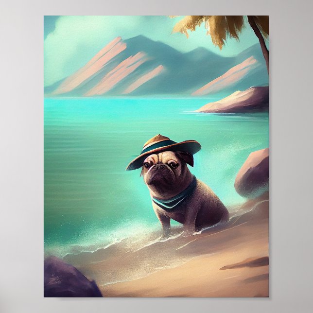 Pug disfrutando del arte de la pintura en la playa (Frente)