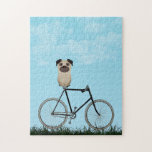 Pug Dog Sitting on Vintage Bicycle Jigsaw Puzzle<br><div class="desc">Rompecabezas con un adorable Pug sentado en una bicicleta anticuada en un día azul de verano.</div>