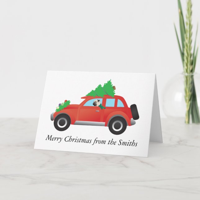 Pug Manejando un auto con un árbol de Navidad enci (Anverso)